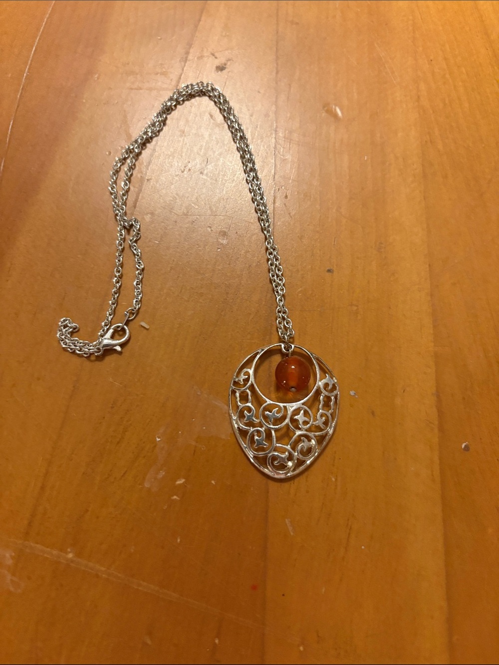 Silver Filigree Pendant Necklace with Amber Stone - Women's Jewelry